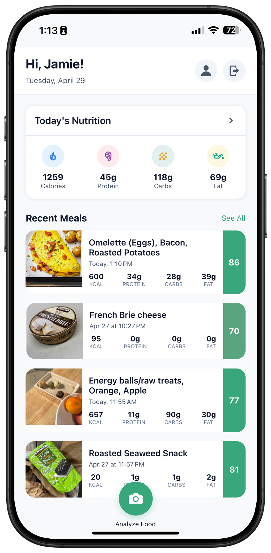 Meal Recognition Interface